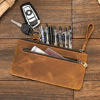 Crazy Horse Leather Zipper Wallet with Key Chain for Coins & Cards - VacationGrabs