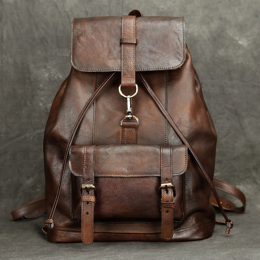 USB Charging Leather Backpack for Men 15.6" Laptop