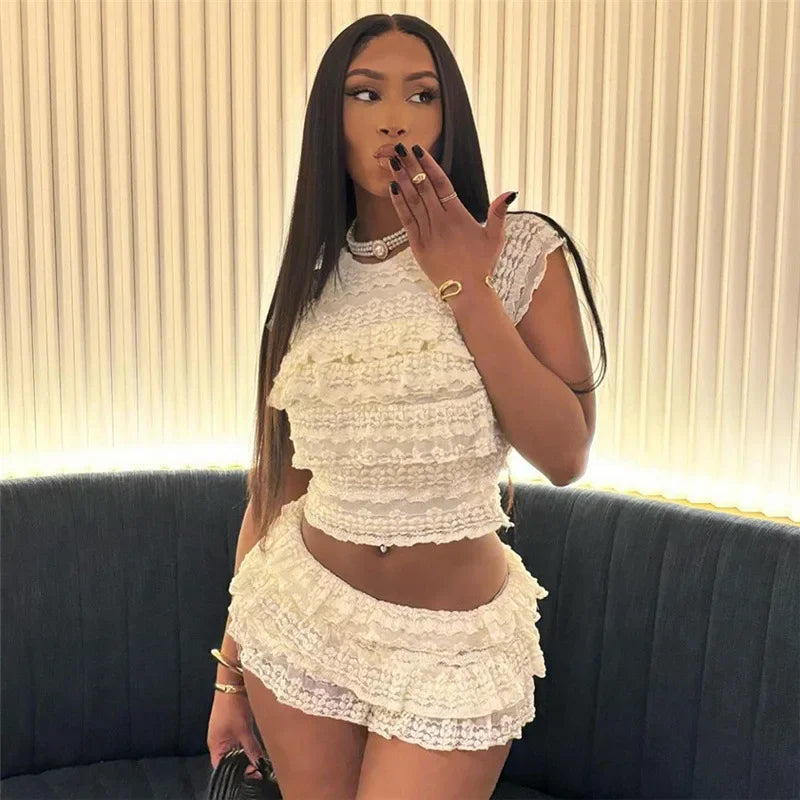 Lace Crop Tops 2 Piece Pant Set Outfits 2024 Luxury Clothes Women Sexy Cute Summer Elegant Ruffle Two Piece Set Shorts Pant