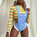 VacationGrabs Women Farm Girl Cosplay Costume Striped Long Sleeve Crop Top Denim Look Lace Ruffle Bodysuit Halloween Party Club Outfit