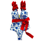 Ruffle Print Floral One Piece Slimming Swimwear - VacationGrabs