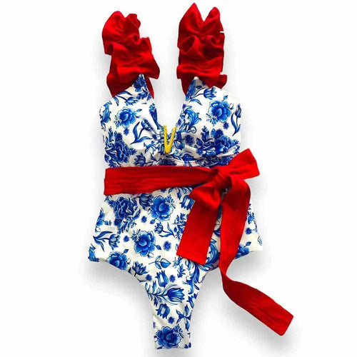 Ruffle Print Floral One Piece Slimming Swimwear - VacationGrabs