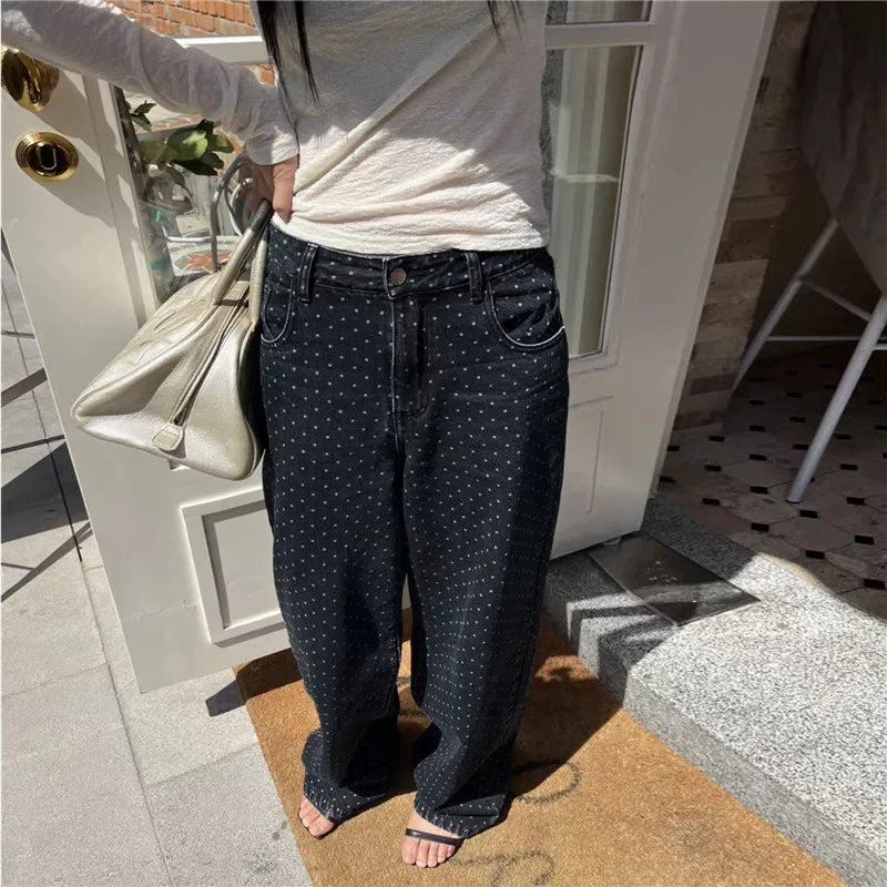 VacationGrabs Y2K Polka Dot Jeans Women Vintage Stretch Wide Leg Denim Pants Casual Distressed Baggy Boyfriend Jeans with Pockets