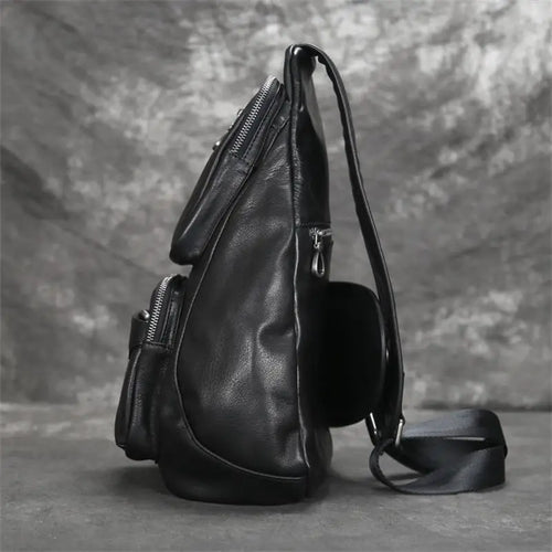 Genuine Leather Men Bag Chest Bag Single Shoulder Bag Leather Chest Pack Riding Bag Sports For Man Male Black Chest Backpack Bag