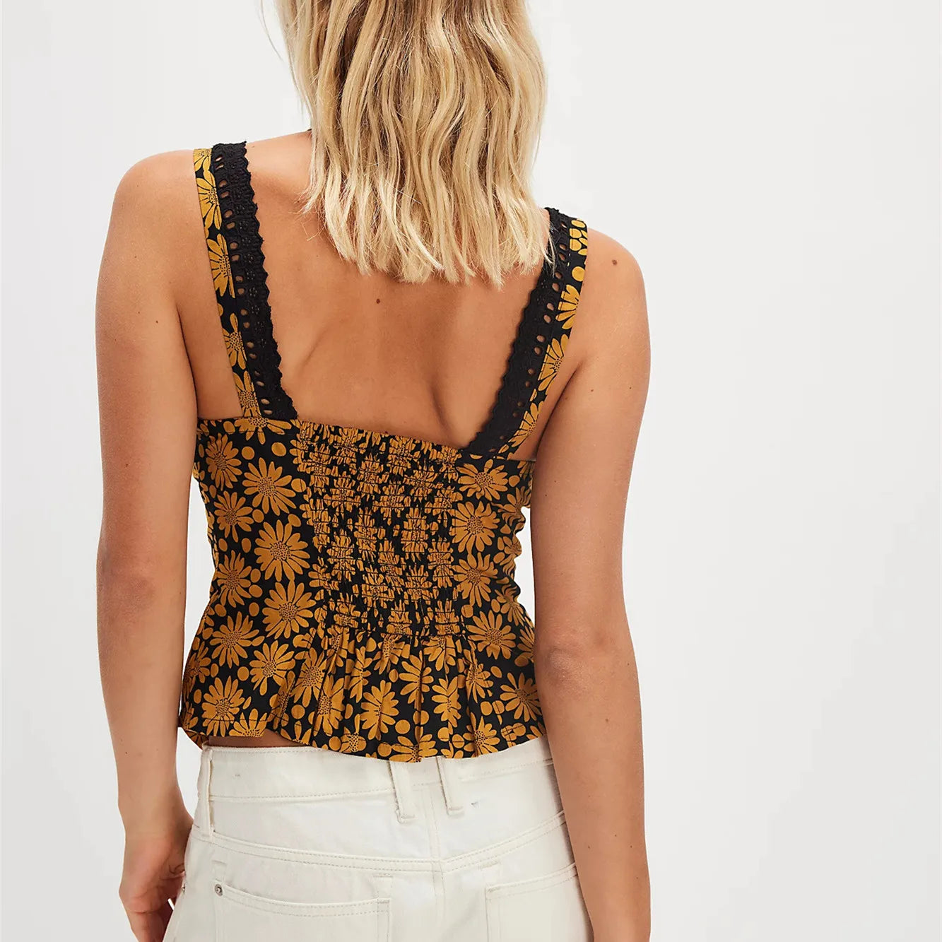 Women Floral Button Down Crop Tank Top Y2k Backless Front Tie Ruffle Trim Halter Tops Sexy Sleeveless Smocked Outfits