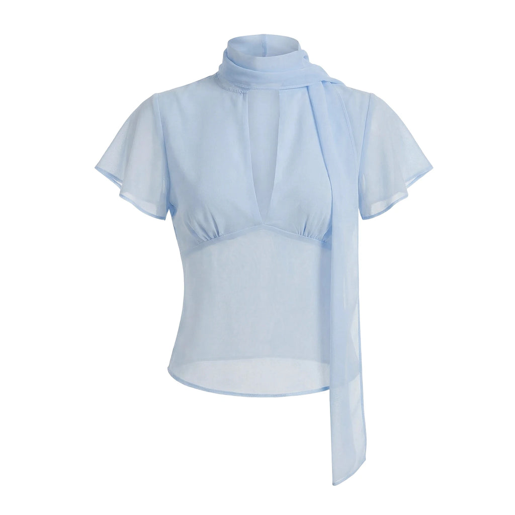 VacationGrabs Y2K Women Mesh Sheer Blouse Short Flutter Sleeve Keyhole Neck Tie Scarf Collar Slim Fit Cropped Top Vintage Party Shirt