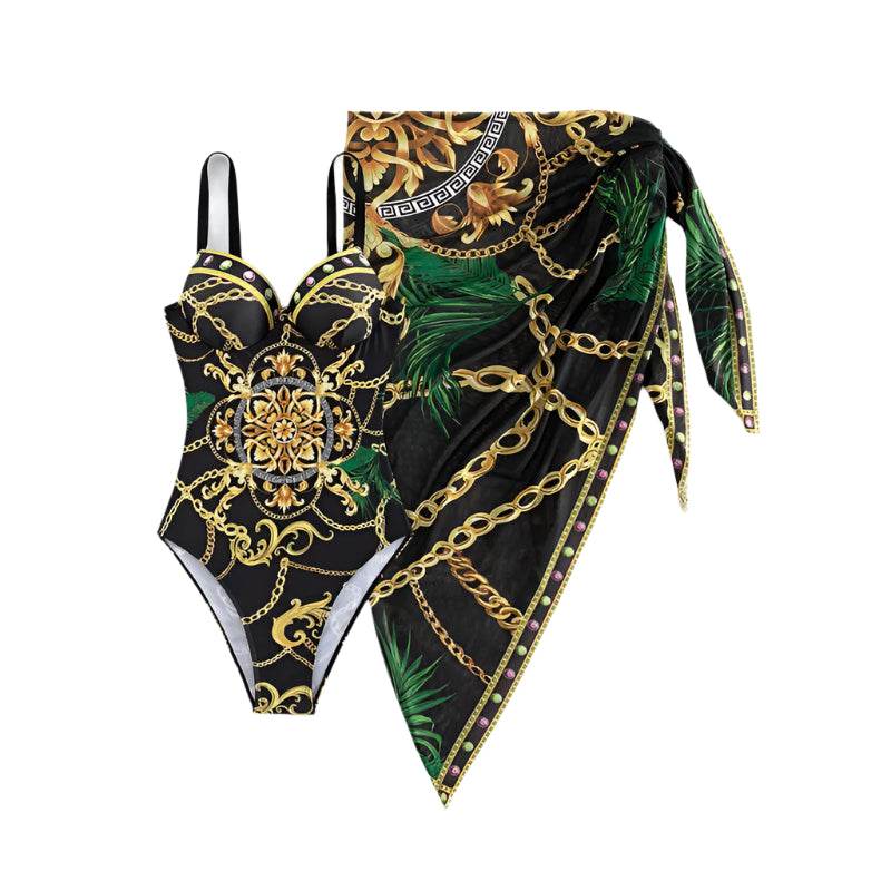 Retro One Piece Swimsuit Skirt Swimwear - VacationGrabs
