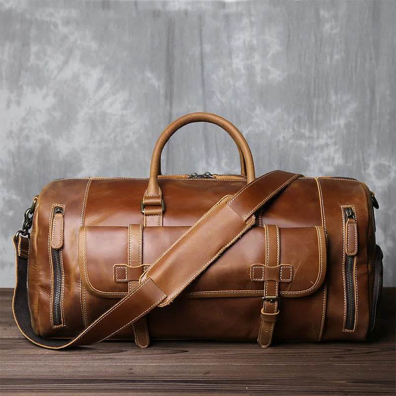 Retro Leather Travel Bag Men's Large-Capacity First Layer Cowhide Leather - VacationGrabs