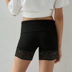 VacationGrabs Chic Y2K Style Fold Over Waist Lace Trim Biker Shorts for Women Solid Color Soft Safety Shorts Casual Daily Loungewear