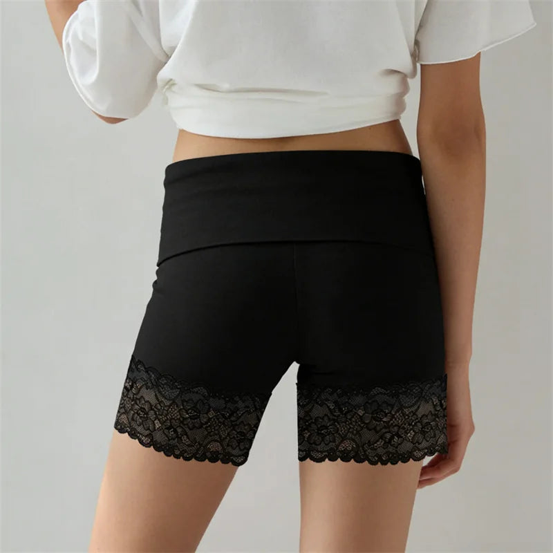 VacationGrabs Chic Y2K Style Fold Over Waist Lace Trim Biker Shorts for Women Solid Color Soft Safety Shorts Casual Daily Loungewear