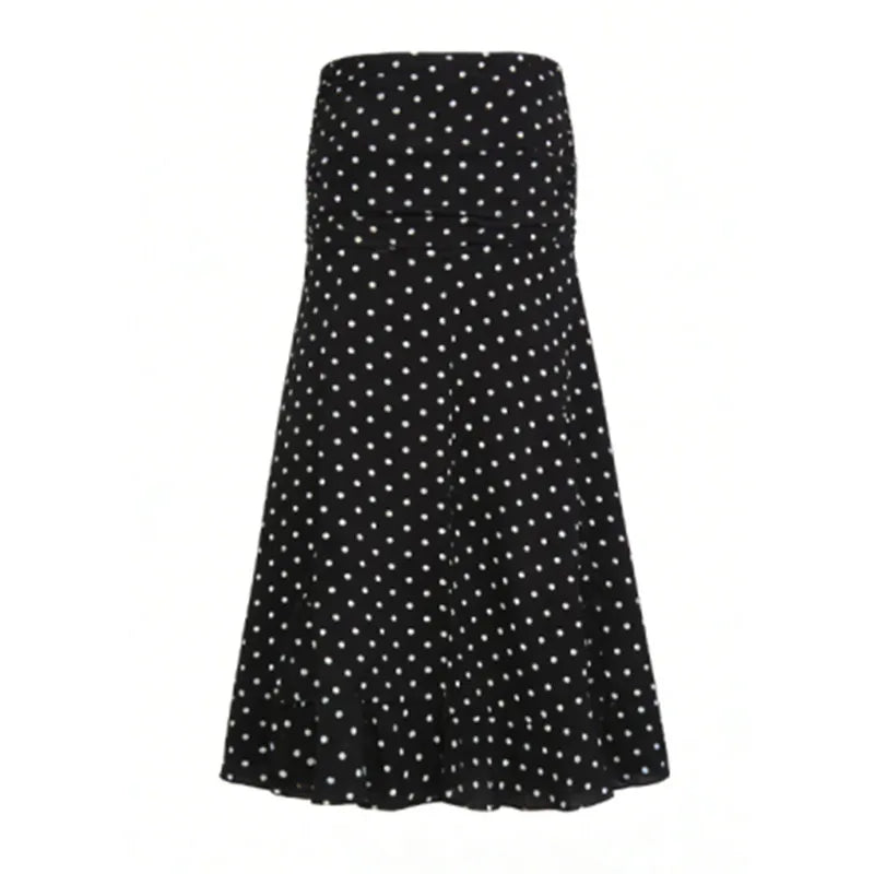 VacationGrabs Polka Dot Floor-length Chiffon Skirt French Style Ruffled Mesh A-line Skirts Elegant Maxi Bottoms High Waist Streetwear