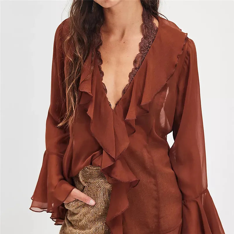 VacationGrabs Women Sheer Lace Ruffled Flowy Tops Chiffon Frilly Layered Bell Sleeve Pirate Top Sexy See Through Blouse Mesh Shirt