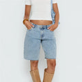 VacationGrabs Women Loose Fit Denim Shorts Elegant Solid Color Zip Fly with Button Closure Bermuda Jean Shorts for Beach Daily Wear