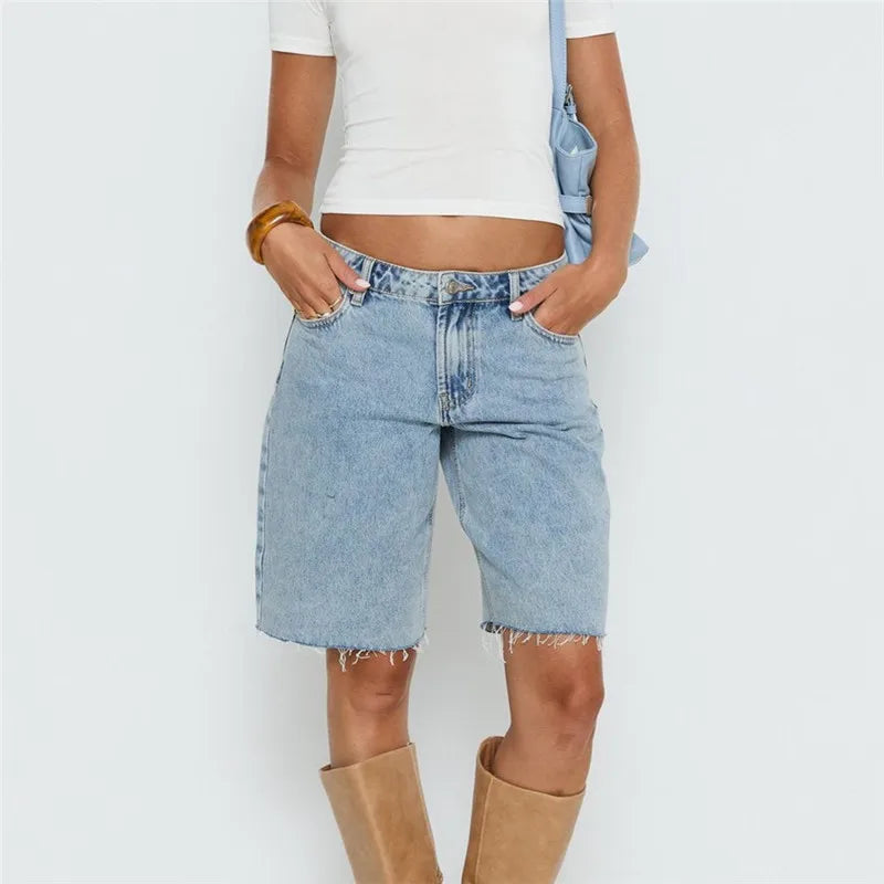 VacationGrabs Women Loose Fit Denim Shorts Elegant Solid Color Zip Fly with Button Closure Bermuda Jean Shorts for Beach Daily Wear