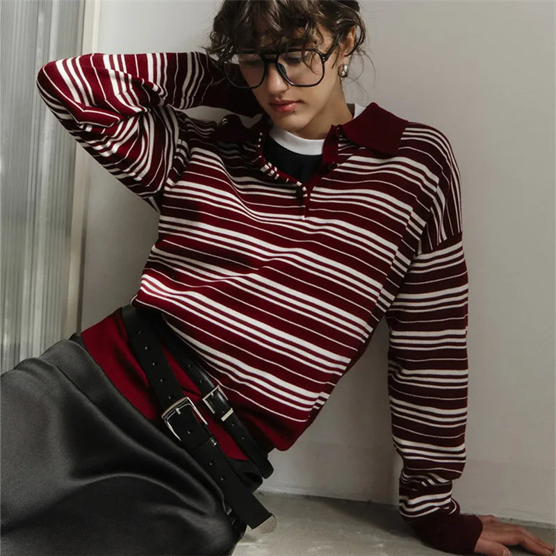 VacationGrabs Striped Sweater Women Long Sleeve Button Front Pullover Casual Crew Neck Tops Pullover Sweatshirt Fall Winter Outwear