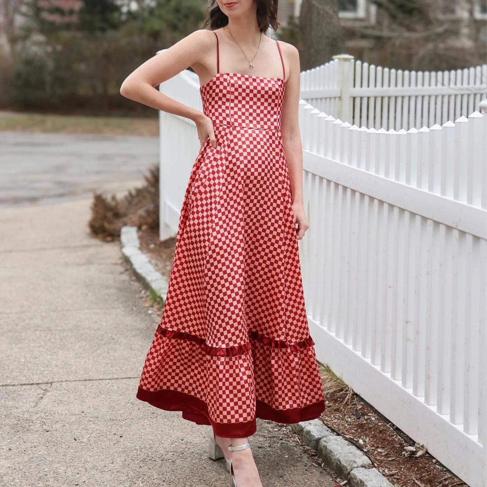 Summer Women's Long Beach Dress Sleeveless Spaghetti Strap Checkerboard Print Flowy Dress Midi Slip Dress for Holiday Beach