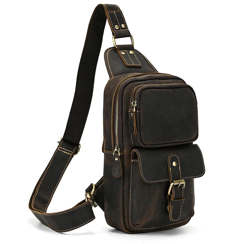 Men's Genuine Leather Chest Bag Leather Big Capacity Crossbody Bag Casual Male Riding Messenger iPad Cell Phone Sling Bag