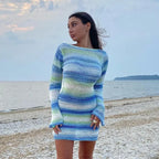 Women's Summer Crochet Knitted Dress Low Backless Beach Dress Y2K Long Sleeve Round Neck Striped Sweater Dress Streetwear