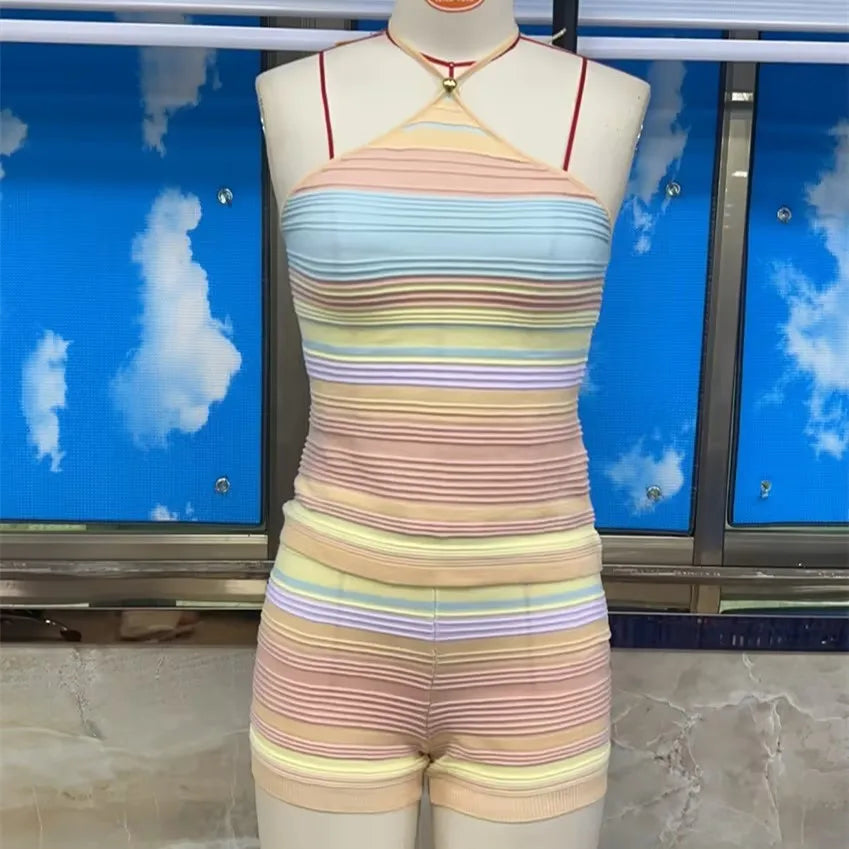 VacationGrabs Y2K Textured Knit Two Piece Set Women Halter Neck Crop Top Low‑Rise Metal Buckle Shorts Summer Vacation Matching Outfit