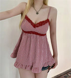 Coquette Retro Gingham Babydoll Cami Women Red Lace Trim V Neck Bow Ruffle Hem Back Elastic Smocked Plaid Sleeveless Tank Top