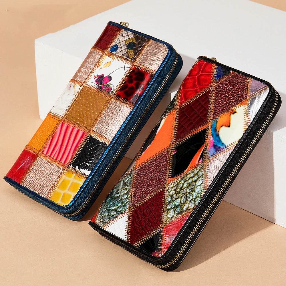 Women’s Cowhide Patchwork Clutch Bag Ethnic Style Genuine Leather Purse - VacationGrabs