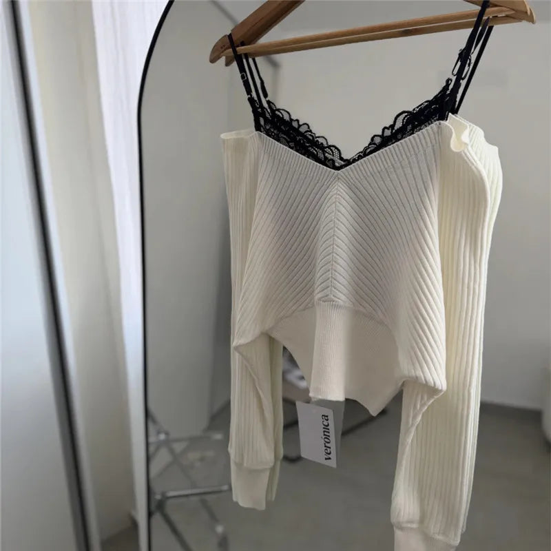 VacationGrabs Women Off Shoulder Lace Trim Knit Top V Neck Batwing Long Sleeve Ribbed Cropped Pullover Casual Fall Streetwear Sweater