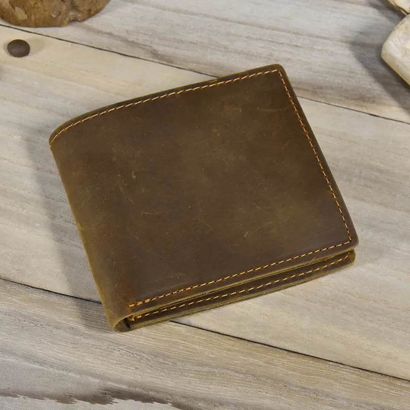 Crazy Horse Leather Short Wallet for Men Vintage Coin Card Holder - VacationGrabs