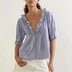 Boho Ruffle Puff Sleeve Blouse for Women Chiffon Lace Trim Button Down Tunic Top Summer Vacation V Neck Peplum Shirts