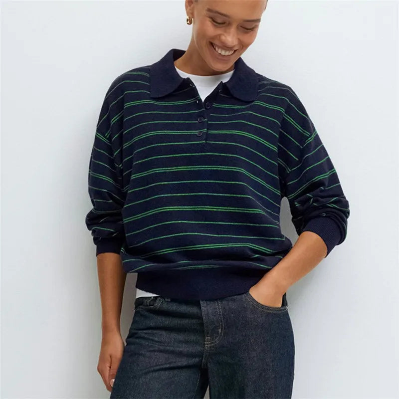 VacationGrabs Women Knit Oversized Striped Sweater Tops Winter Warm Long Sleeve Turn-down Collar Loose Fit Tops Y2K Streetwear