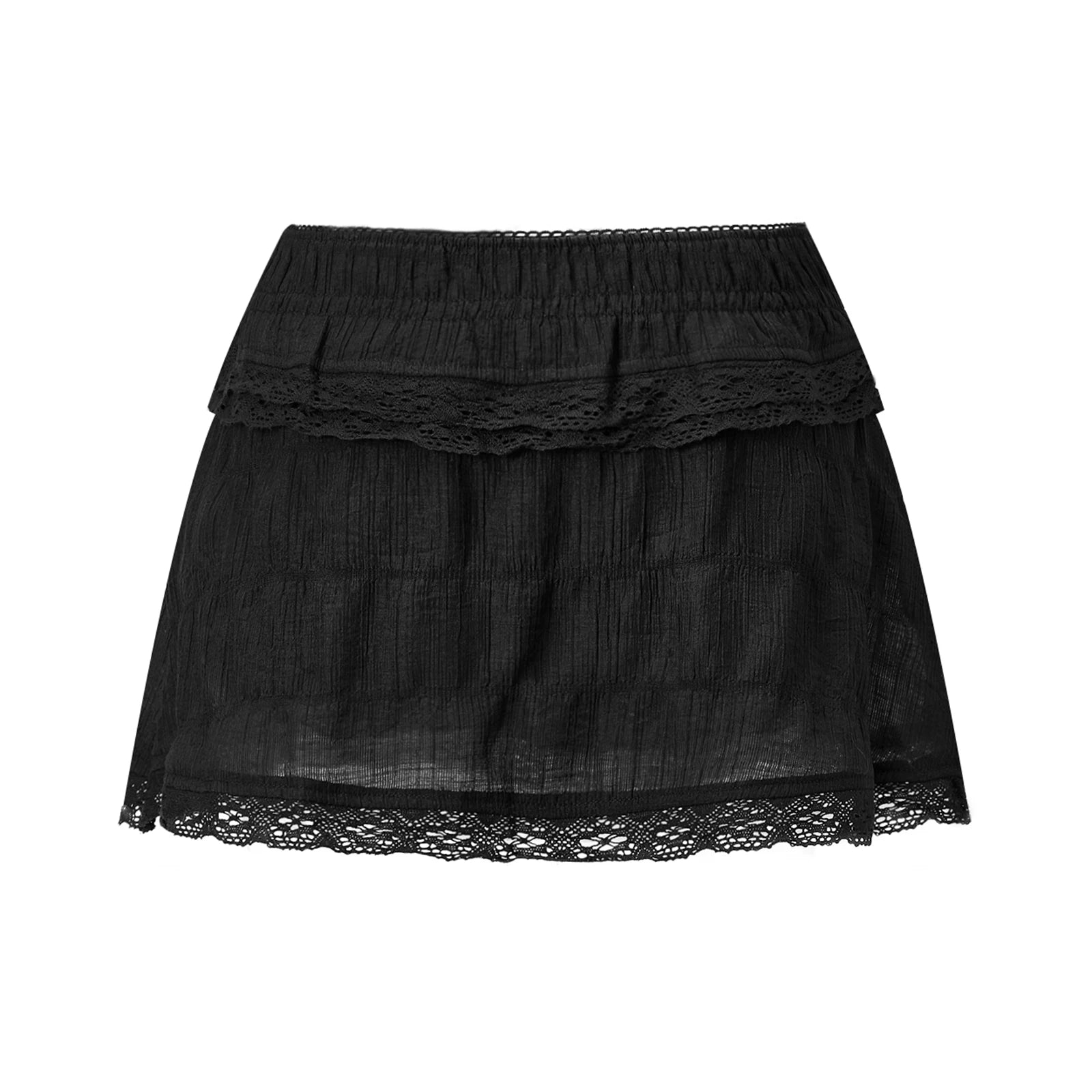 VacationGrabs Women Lace Ruffle Tiered Mini Skort Elastic Waist Low Rise Flowy Micro Skirt Y2K Summer Casual Skirt With Inner Shorts