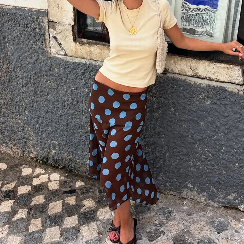VacationGrabs Elegant Blue Polka Dot Skirt Women's Asymmetrical Chiffon Midi Skirt Y2K Summer Fashion Holiday Party Casual Lady Skirt
