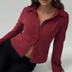 VacationGrabs Women Y2k Button Down Shirts Casual Long Sleeve V Neck Collared Slim Fit Crop Top E-Girls Coquette Vintage Blouse