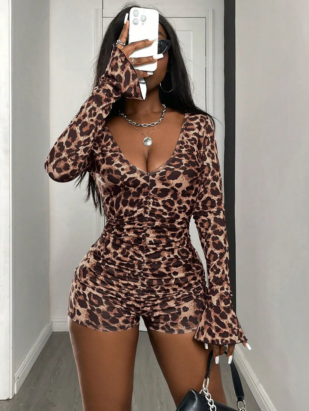 Women's Leopard Print Deep V Jumpsuit with Bell Cuff Sleeves