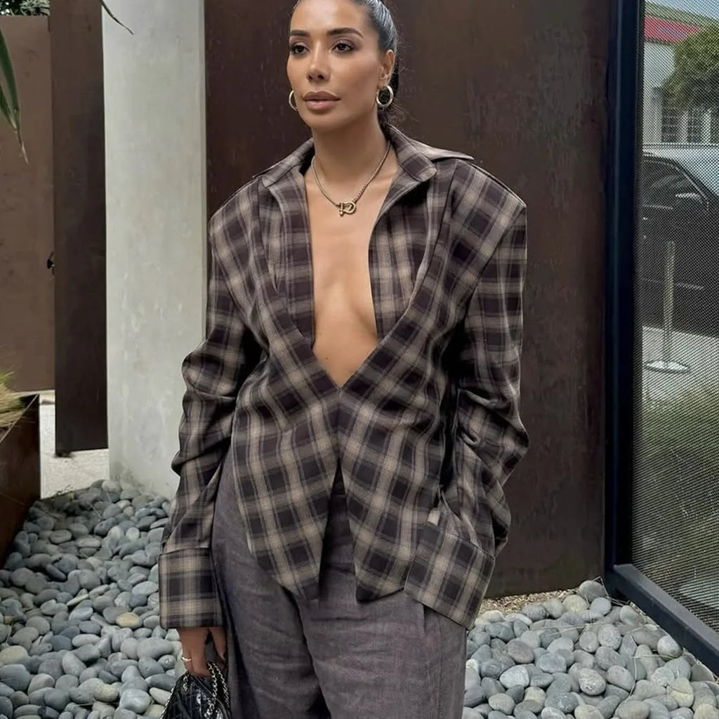 VacationGrabs Women Sexy Blouses Vintage Contrast Plaid V-Neck Slim Shirt Top Fashion Y2k Party Look New High Waisted Female Shirt Top