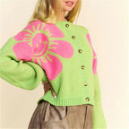 Women's Vintage Floral Knit Cardigan – Button-Up, Slim Fit
