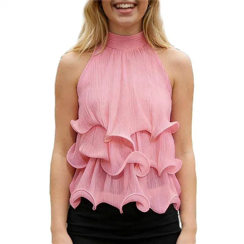 VacationGrabs Women Halter Ruffle Crop Top Backless Tie Sleeveless Textured Blouse Y2K Aesthetic Daily Wear Party Summer Streetwear