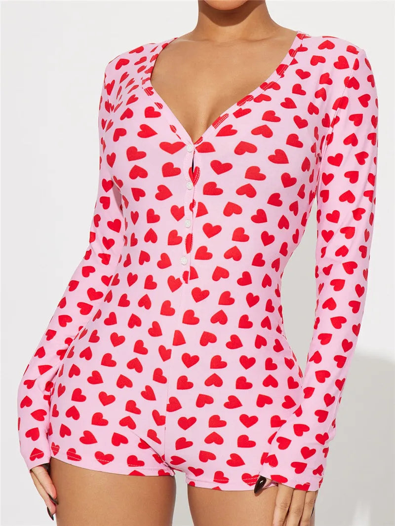 VacationGrabs Women Valentines Day Jumpsuit Pajama Romantic Heart Print Long Sleeve V Neck Button Front Shorts Romper Fitted Sleepwear
