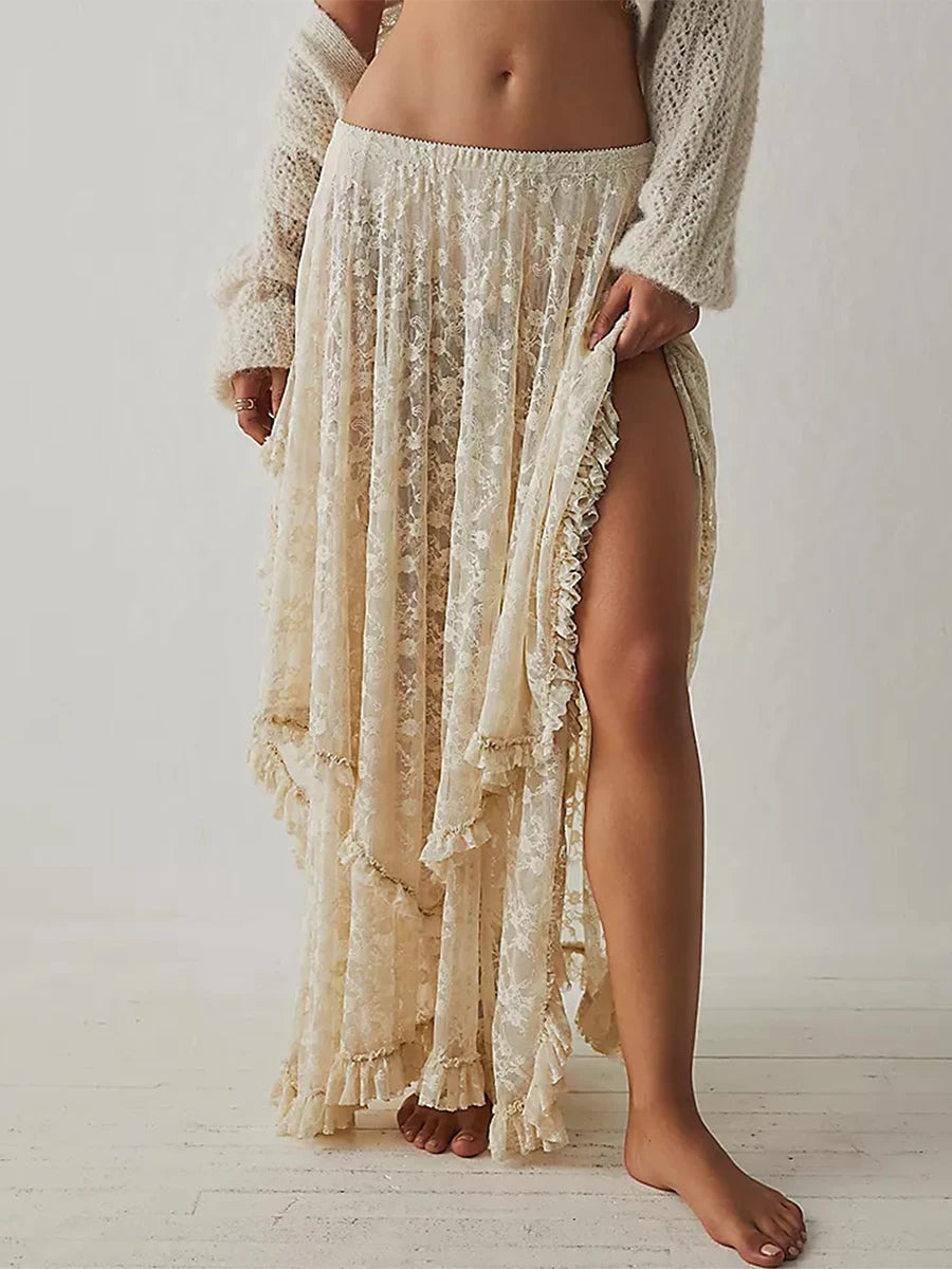VacationGrabs Floral Lace Long Skirt for Women Y2K Elastic Waist Asymmetrical Layered Maxi Skirt Sexy See Through Flowy Beach Skirt