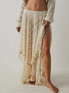 VacationGrabs Floral Lace Long Skirt for Women Y2K Elastic Waist Asymmetrical Layered Maxi Skirt Sexy See Through Flowy Beach Skirt