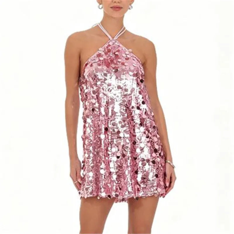 VacationGrabs Women Halter Backless Sequin Mini Dress Glitter Paillette Tie Up Short Dress Club Party Sparkly Cocktail Evening Dresses