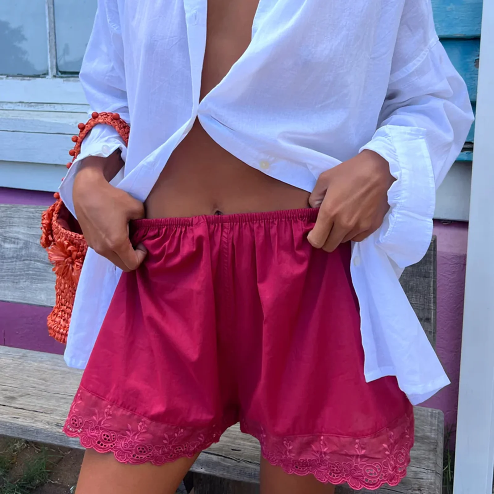 VacationGrabs Women Y2k Lace Trim Lounge Shorts Floral Embroidery Elastic Low Rise Wide Leg Pjs Bottoms Teens Ruffle Cute Mini Shorts