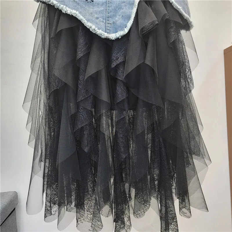 Women's Skirts Mesh A-line High Waist Long Irregular Denim Skirt