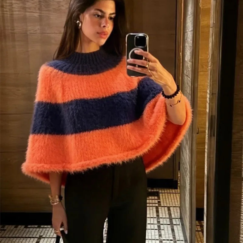 VacationGrabs Y2K Striped Fuzzy Poncho Sweater Women Mock Neck Loose Half Sleeve Cropped Knit Cape Pullover Daily Street Outfit