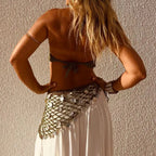 VacationGrabs Women Boho Crochet Sequin Shell Hip Scarf Irregular Mesh Handmade Knit Beach Wrap Skirt Summer Vacation Festival Wear