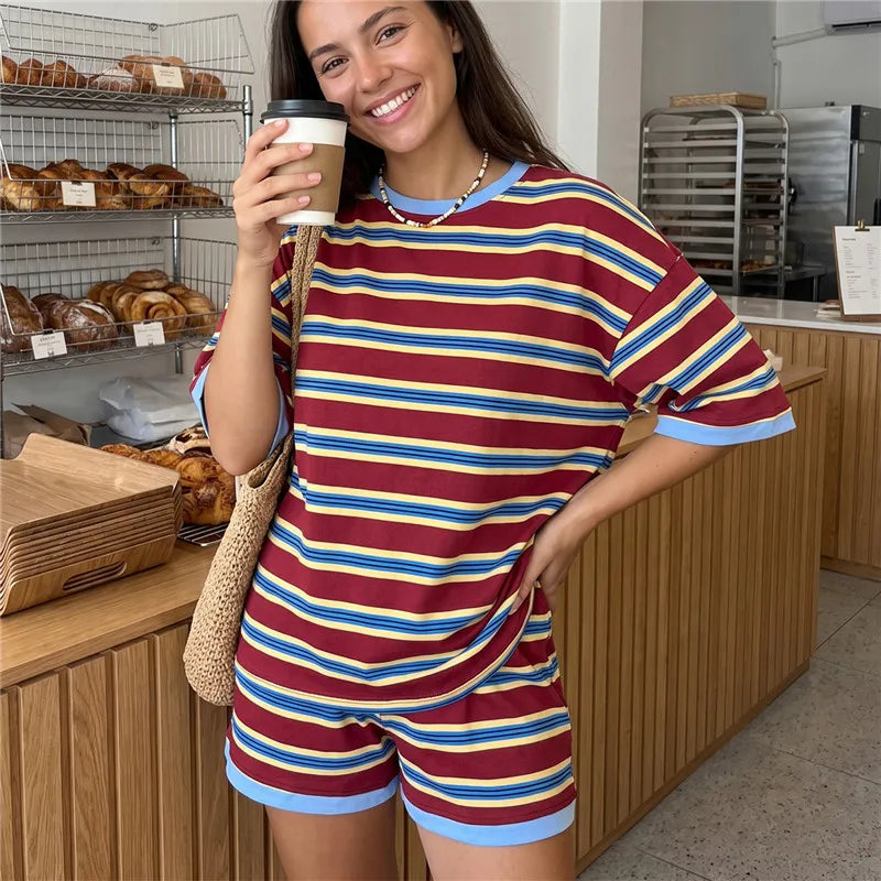 VacationGrabs Striped Two Piece Outfit Women Contrast Trim Oversized Short Sleeve Tee And Elastic Waist Shorts Casual Loungewear Set