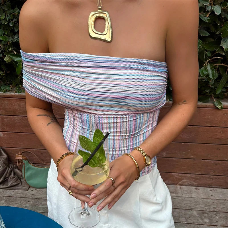VacationGrabs Women Multicolor Striped Off-Shoulder Slim Fit Crop Top Summer Wrap Style Neckline Bandeau Backless Shirts Streetwear