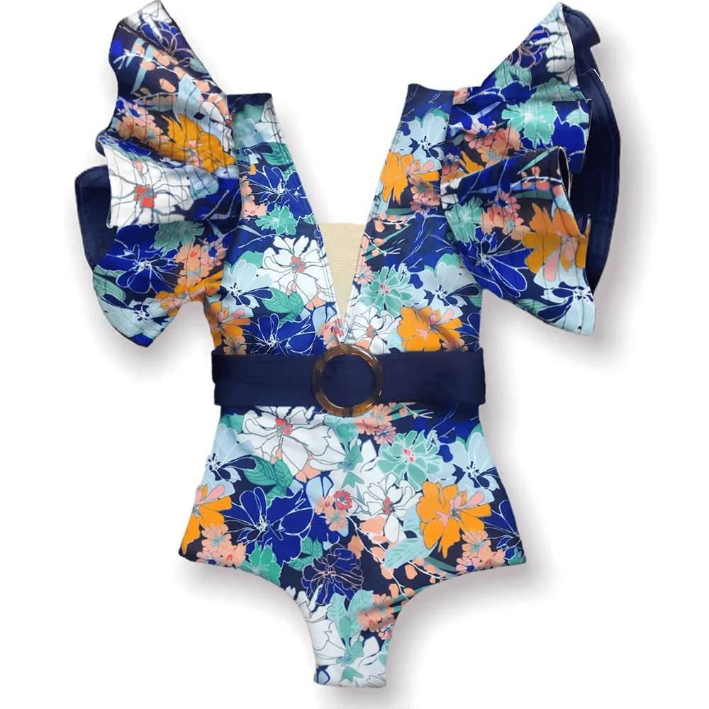 Women's Ruffle Sleeve Deep-V Bathing Suit - VacationGrabs