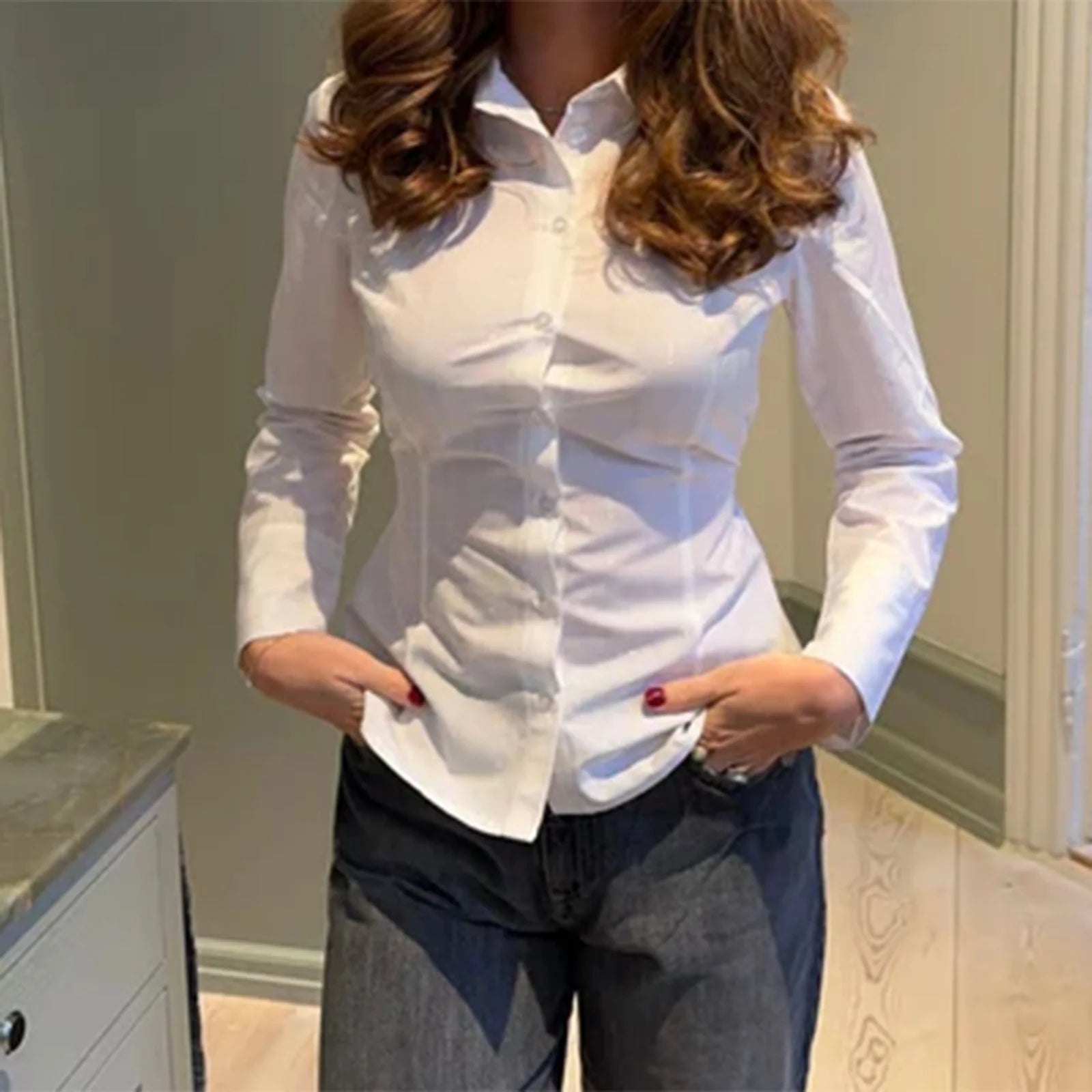 VacationGrabs Women Slim Fit Button Down Striped Shirt Long Sleeve Fitted Button Up Shirt Vintage Y2K Pinstripe Collared Blouse
