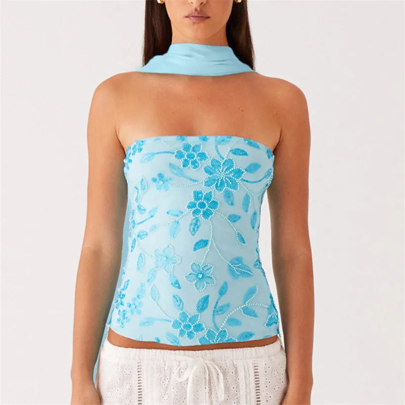 VacationGrabs Women Y2K Sequin Tube Top with Scarf Sexy Backless Pearl Embellished Beaded Cami Bling Glitter Rhinestone Camisole