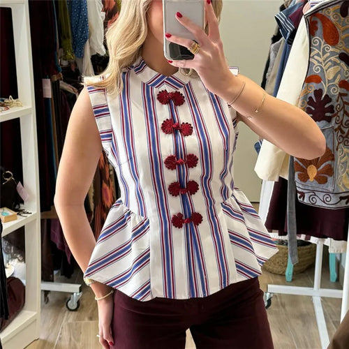 Chinese Style Frog Button Sleeveless Peplum Top Women Striped Print Stand Collar Blouse Elegant Casual Slim Fit Ruffle Hem Shirt
